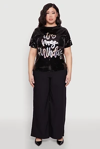 Womens Plus Size Its My Birthday Sequin Top, Black, Size 1X
