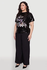 Womens Plus Size Its My Birthday Sequin Top, Black, Size 1X