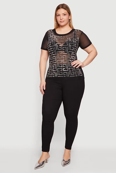 Plus Mesh Greek Key Rhinestone Top