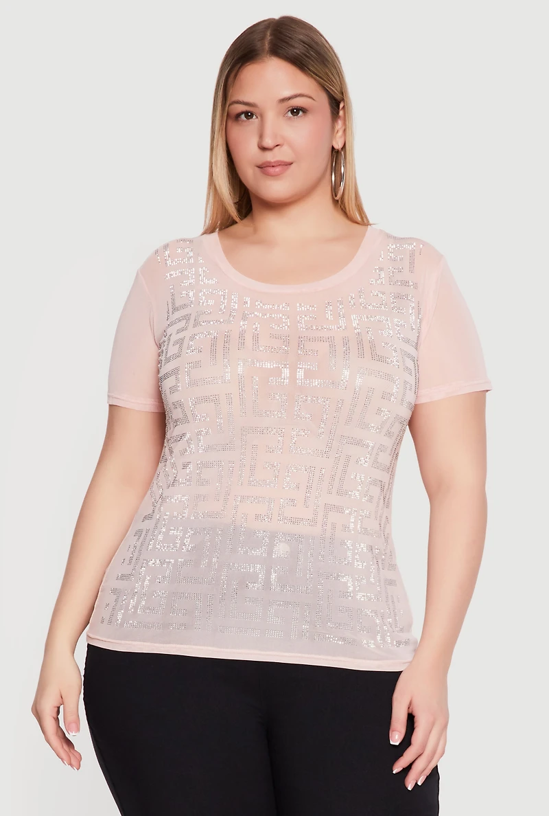 Plus Mesh Greek Key Rhinestone Top