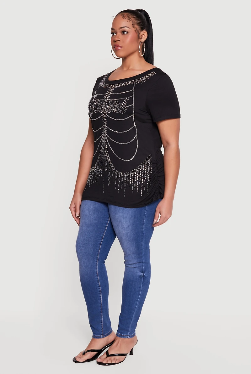 Plus Blessed Rhinestone Skeleton Graphic Tee