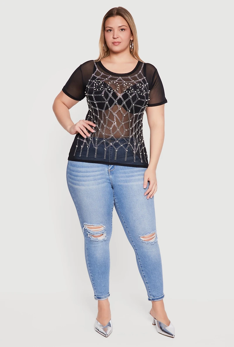 Plus Boss Faux Pearl Rhinestone Mesh Top