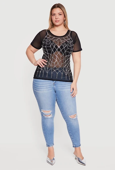 Plus Boss Faux Pearl Rhinestone Mesh Top