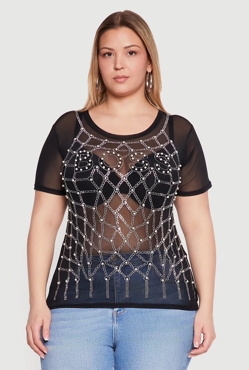 Plus Boss Faux Pearl Rhinestone Mesh Top