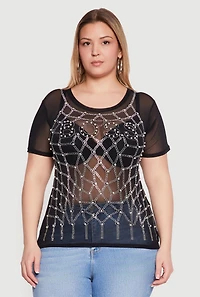 Plus Boss Faux Pearl Rhinestone Mesh Top