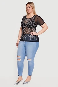 Plus Boss Faux Pearl Rhinestone Mesh Top