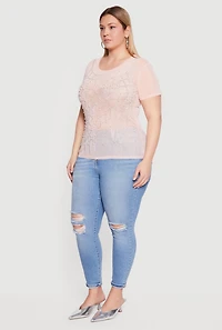 Plus Boss Faux Pearl Rhinestone Mesh Top