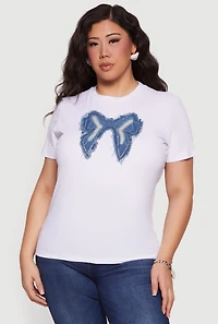 Plus Denim Bow Patch Rhinestone Detail Tee