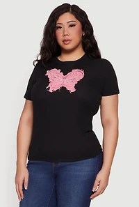 Plus Butterfly Rhinestone Denim Patch Tee