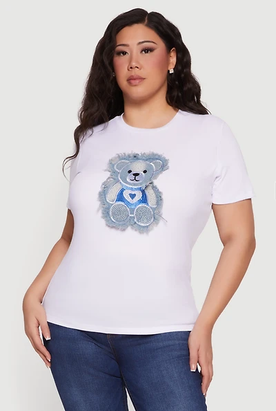 Plus Denim Bear Patch Rhinestone Detail Tee