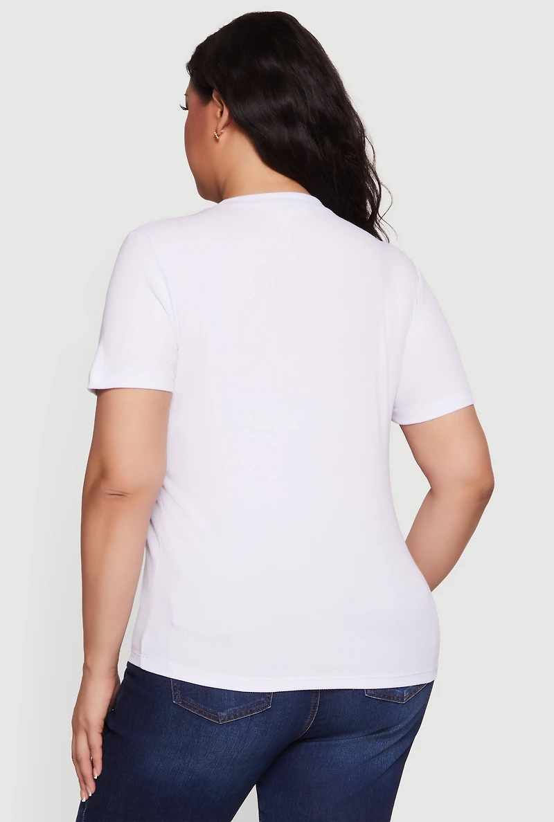 Plus Denim Bear Patch Rhinestone Detail Tee