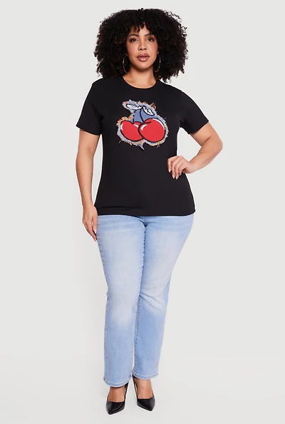 Plus Cherry Graphic Denim Patch Tee