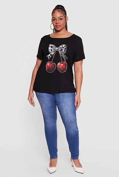 Plus Cherry Bow Rhinestone Graphic Tee