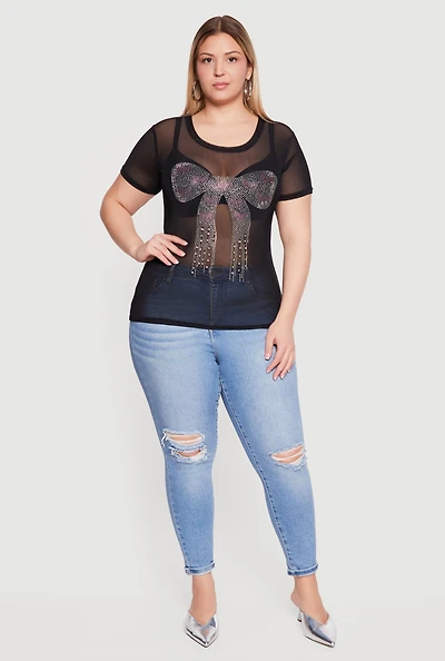 Plus Rhinestone Bow Graphic Mesh Top