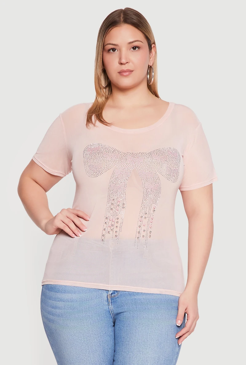 Plus Rhinestone Bow Graphic Mesh Top