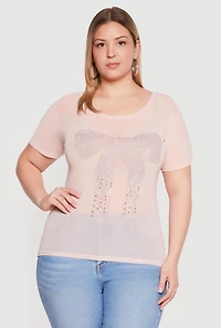 Plus Rhinestone Bow Graphic Mesh Top
