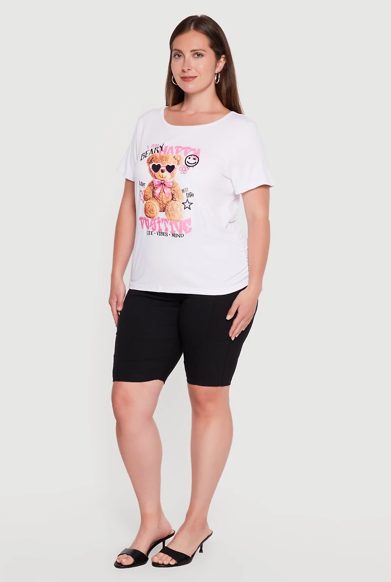 Plus Positive Bear Graphic Side Ruched Tee