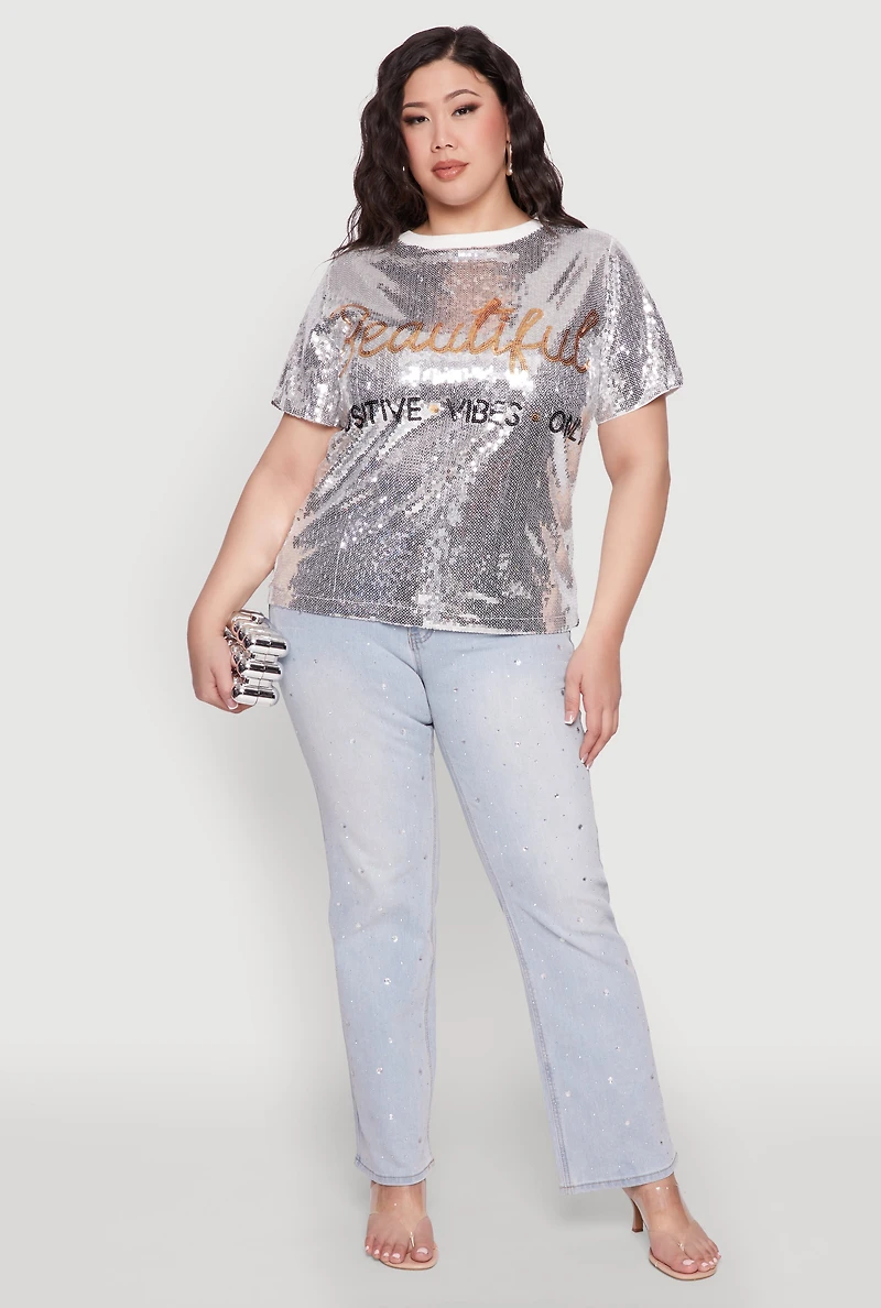 Womens Plus Size Sequin Beautiful Graphic Top, Grey, Size 1X