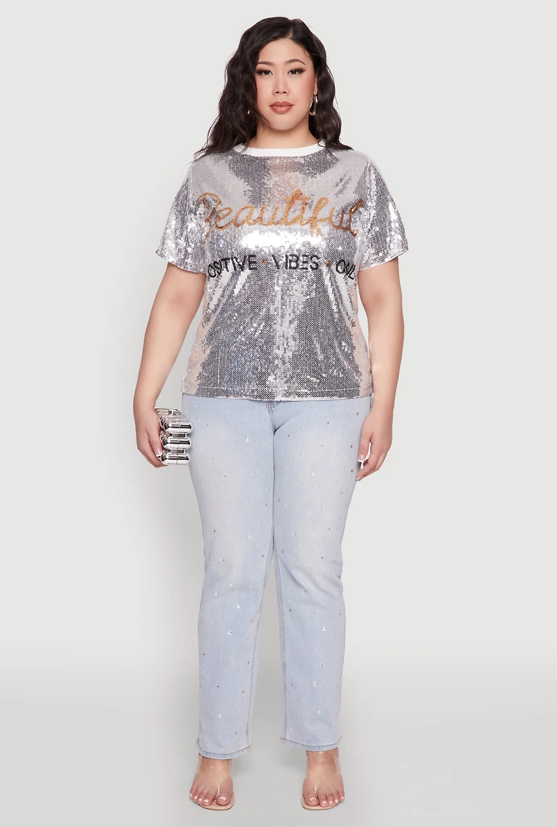 Womens Plus Size Sequin Beautiful Graphic Top, Grey, Size 1X