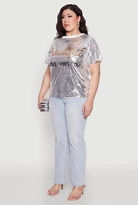 Womens Plus Size Sequin Beautiful Graphic Top, Grey, Size 1X
