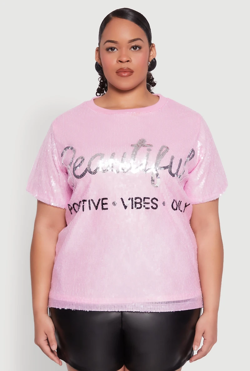 Womens Plus Size Sequin Beautiful Graphic Top, Pink, Size 1X