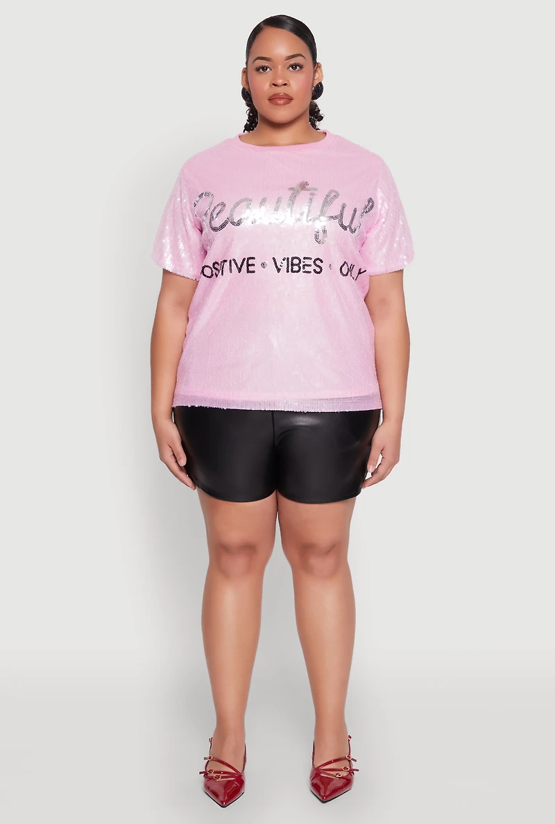 Womens Plus Size Sequin Beautiful Graphic Top, Pink, Size 1X