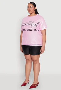 Womens Plus Size Sequin Beautiful Graphic Top, Pink, Size 1X