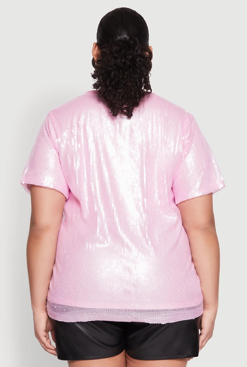 Womens Plus Size Sequin Beautiful Graphic Top, Pink, Size 1X