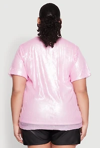 Womens Plus Size Sequin Beautiful Graphic Top, Pink, Size 1X