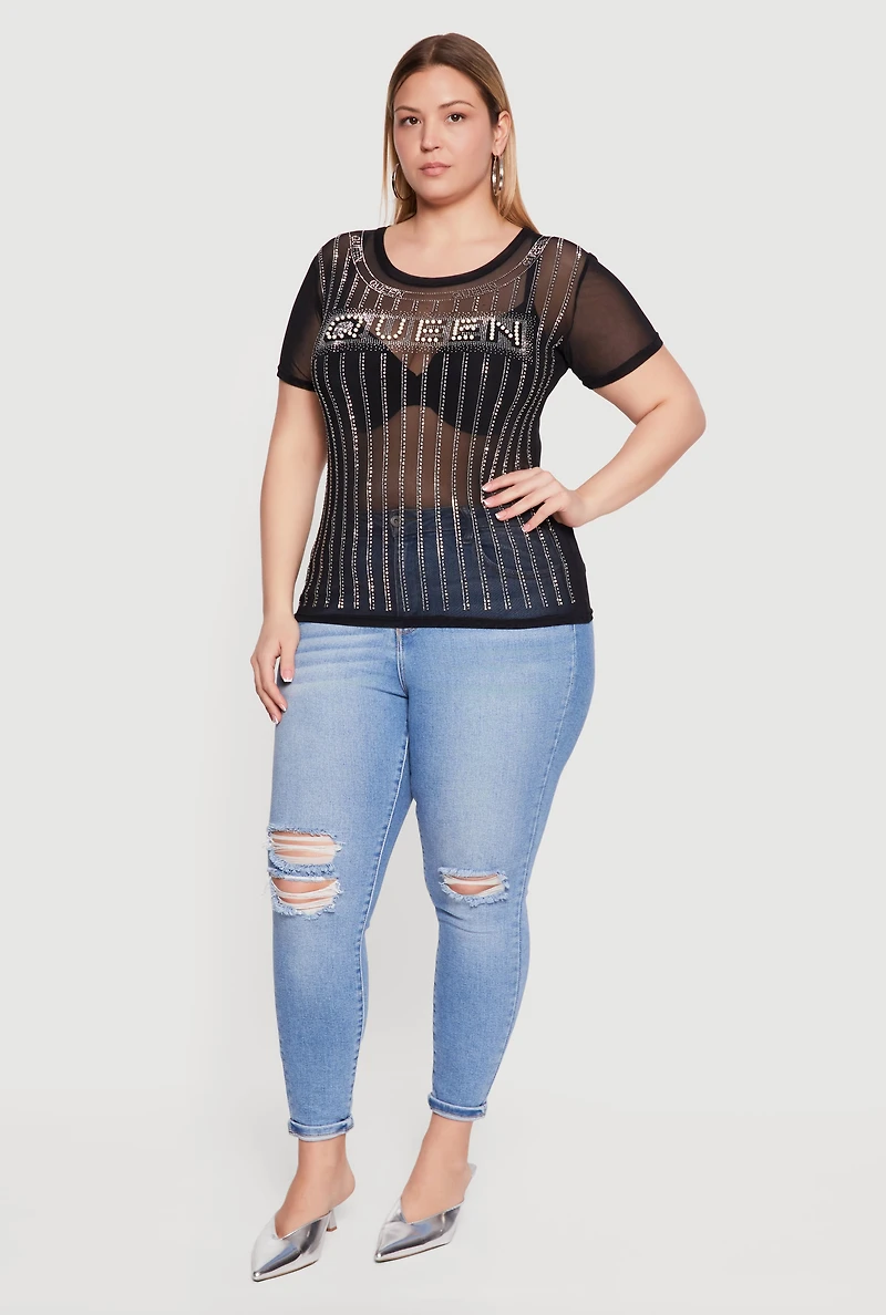 Plus Queen Faux Pearl Rhinestone Mesh Top