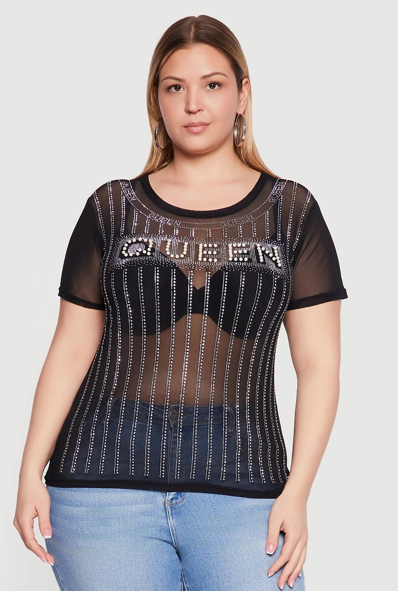 Plus Queen Faux Pearl Rhinestone Mesh Top