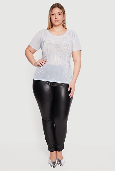 Plus Queen Faux Pearl Rhinestone Mesh Top