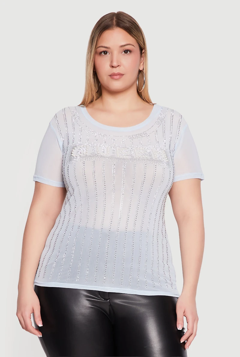 Plus Queen Faux Pearl Rhinestone Mesh Top