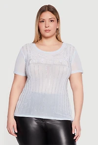 Plus Queen Faux Pearl Rhinestone Mesh Top