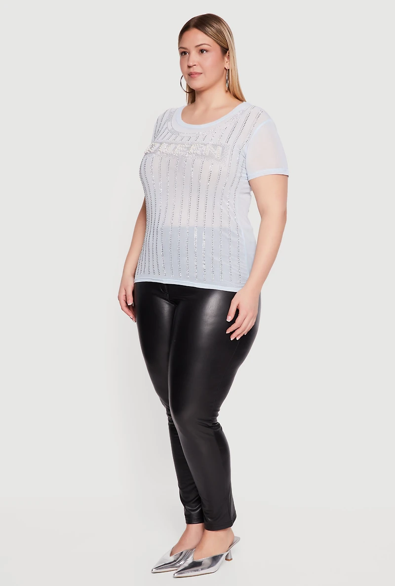 Plus Queen Faux Pearl Rhinestone Mesh Top