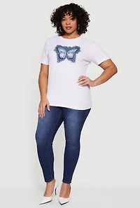 Plus Rhinestone Denim Butterfly Patch Graphic Tee