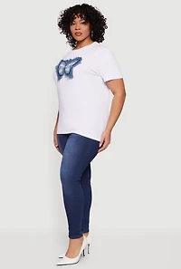 Plus Rhinestone Denim Butterfly Patch Graphic Tee