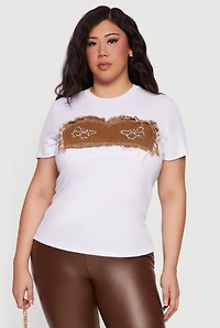 Plus Denim Corset Patch Rhinestone Detail Tee