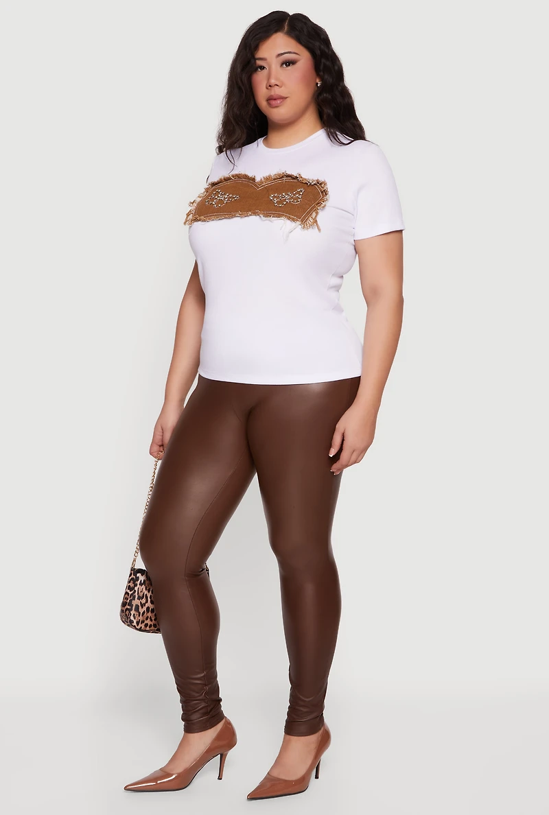 Plus Denim Corset Patch Rhinestone Detail Tee