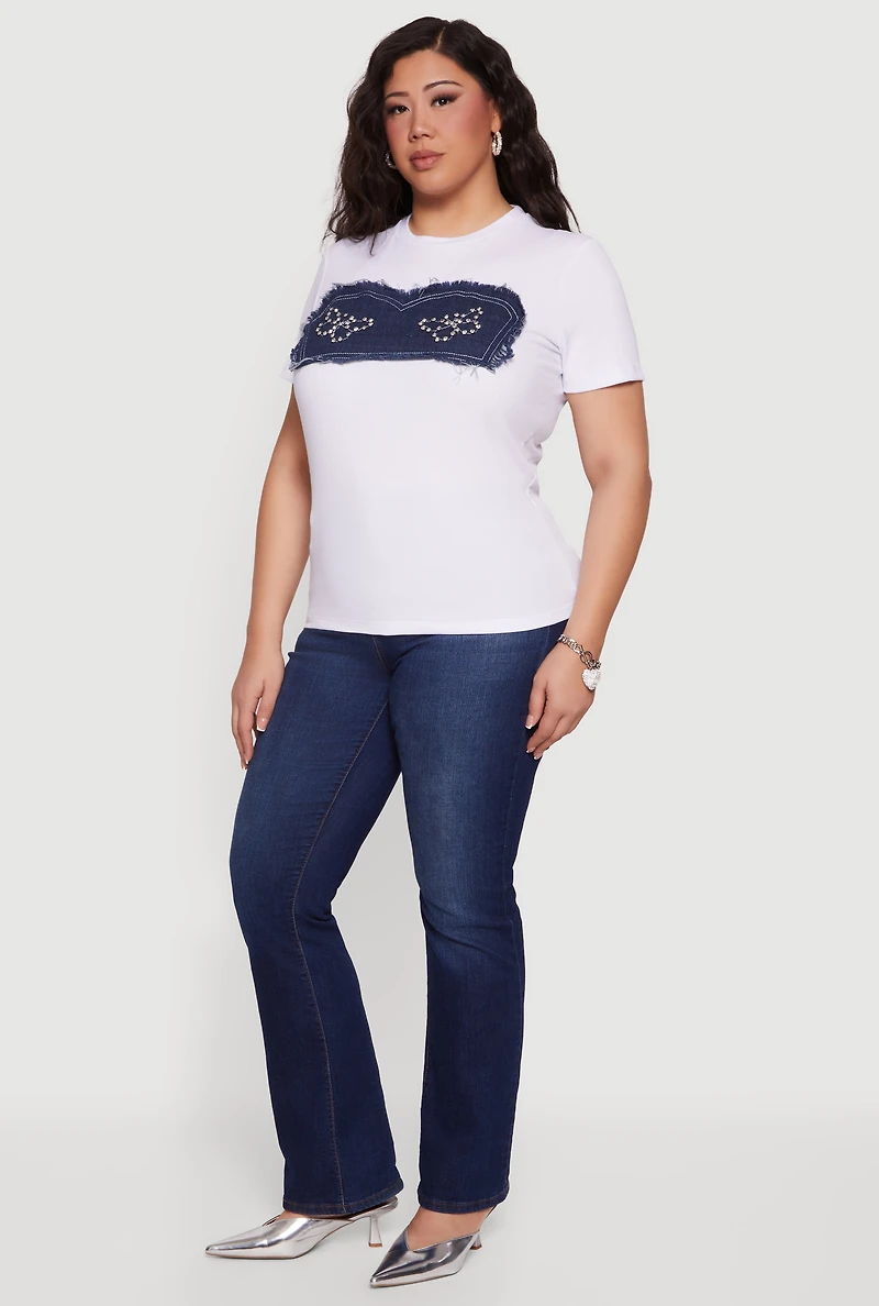 Plus Denim Corset Patch Rhinestone Detail Tee