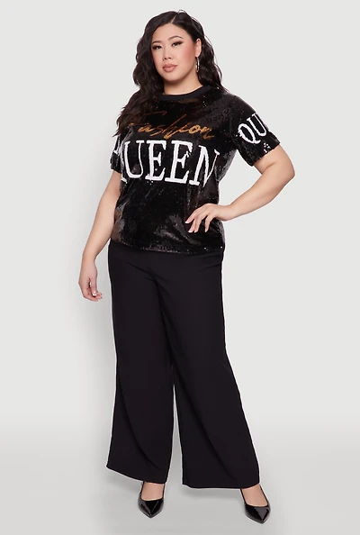 Womens Plus Size Sequin Fashion Queen Graphic Top, Black, Size 2X