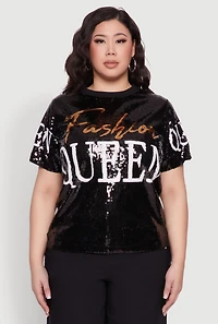 Womens Plus Size Sequin Fashion Queen Graphic Top, Black, Size 2X