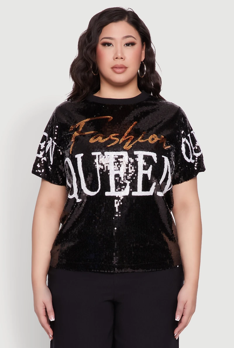 Womens Plus Size Sequin Fashion Queen Graphic Top, Black, Size 1X