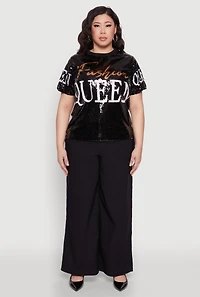Womens Plus Size Sequin Fashion Queen Graphic Top, Black, Size 2X