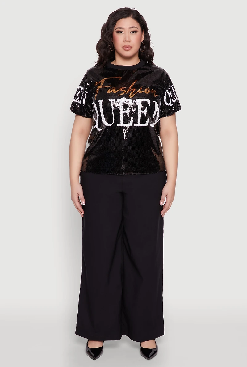 Womens Plus Size Sequin Fashion Queen Graphic Top, Black, Size 1X