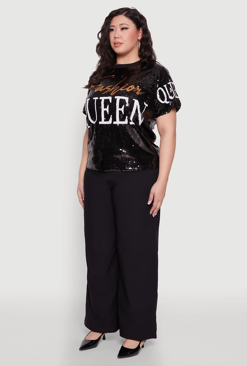 Womens Plus Size Sequin Fashion Queen Graphic Top, Black, Size 1X
