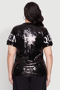 Womens Plus Size Sequin Fashion Queen Graphic Top, Black, Size 2X