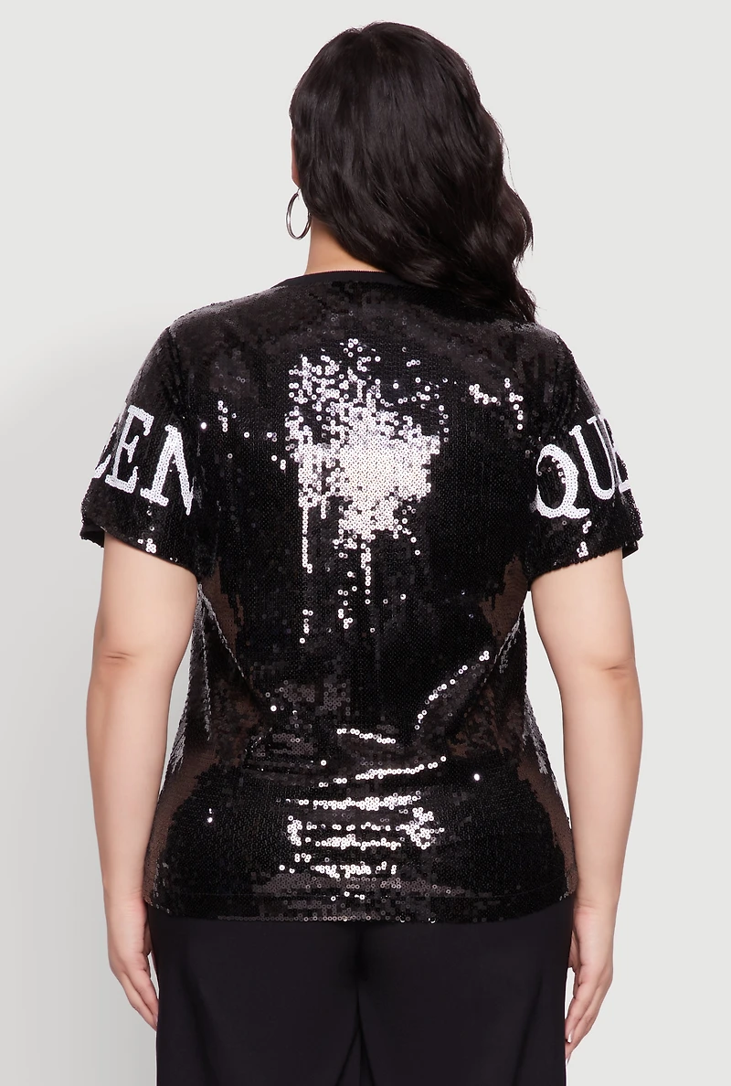 Womens Plus Size Sequin Fashion Queen Graphic Top, Black, Size 1X