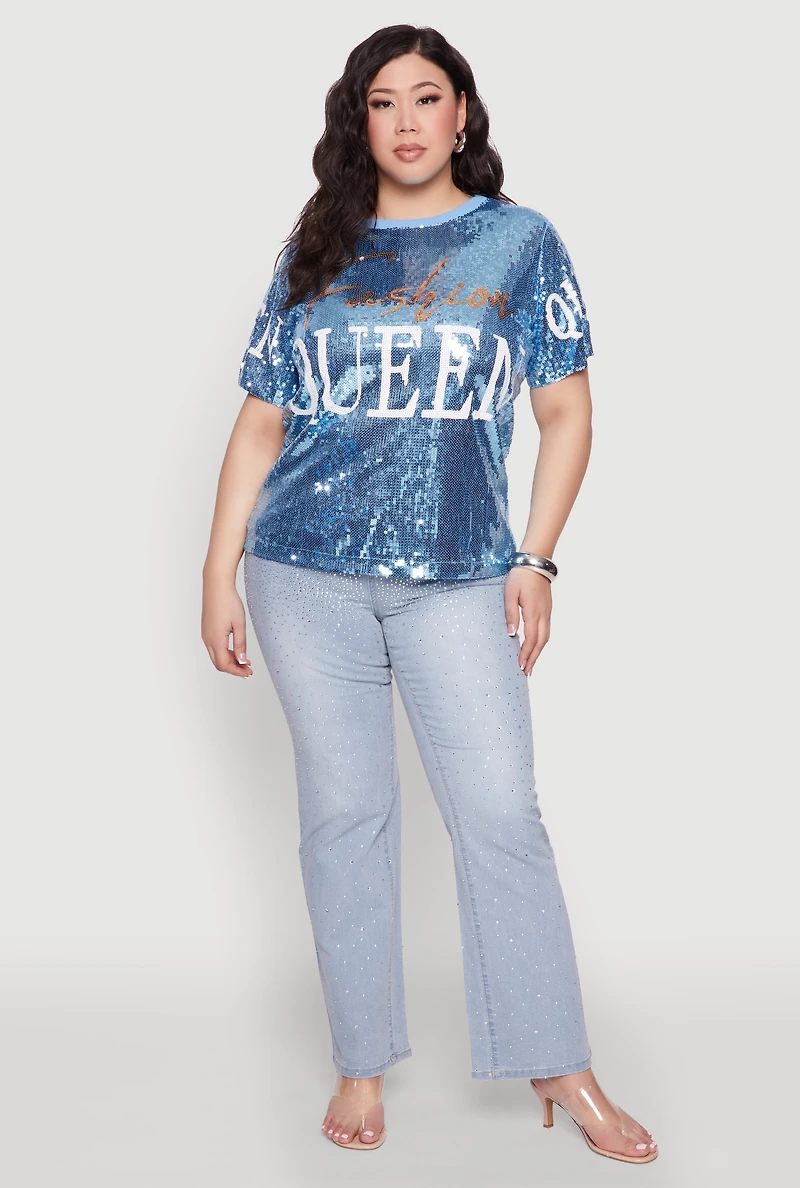 Womens Plus Size Sequin Fashion Queen Graphic Top, Blue, Size 1X