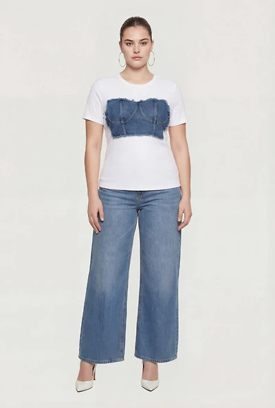 Plus Denim Corset Detail Short Sleeve Crew Neck Tee
